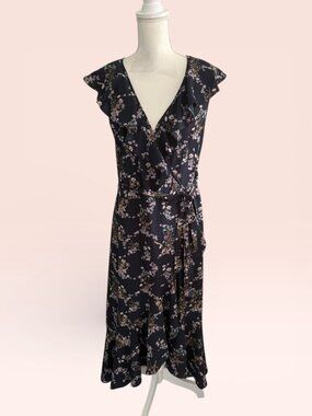 MAX STUDIO Navy Blue Floral Wrap Dress Size Large
